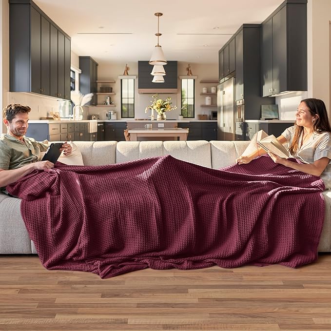 Bedsure Gentlesoft 100% Cotton Blanket Queen Size for Bed - Breathable and Soft for Spring Summer, Thick Cozy Waffle Weave Blanket Gifts for Women, Red, 90x90 Inches