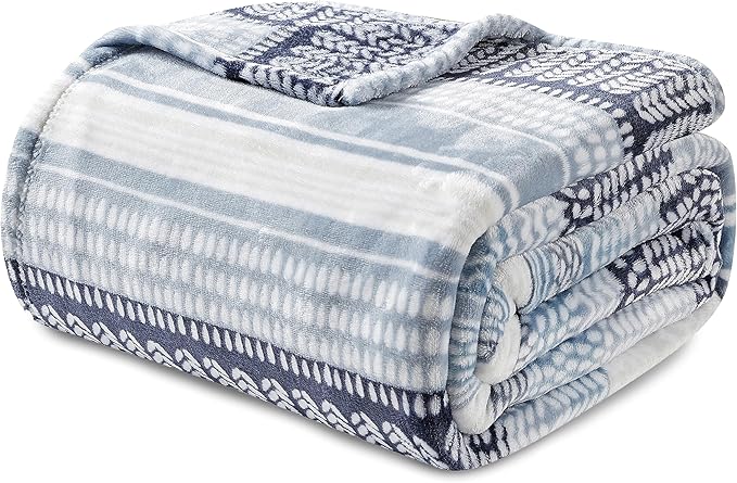 Elegant Comfort Ultra Soft Print Flannel Fleece Bed Blanket, Cozy-Fuzzy Lightweight Bedspread Coverlet, All Season Decorative Blanket for Couch, Sofa, Striped Design,Queen Size, Anissa