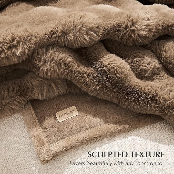 EverGrace Ultra Soft Luxury Fluffy Faux Rabbit Fur Throw Blanket, Thick Warm Bubble Throw for Bed, Cozy Plush Reversible Blankets for Couch, Chair, Sofa, Natural Tan, 50x60 Inches