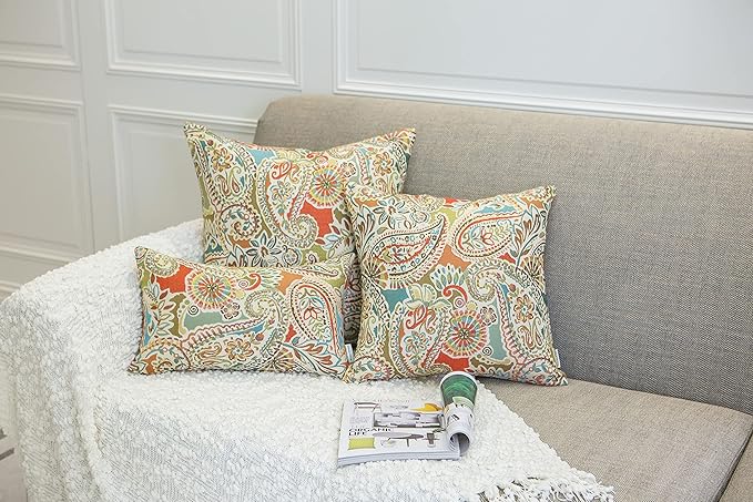 Mika Home Pack of 2 Throw Pillow Covers Decorative Pillow Shells for Sofa Couch, Paisley Pattern, 22x22 Inches,Red Teal Cream Multicolor