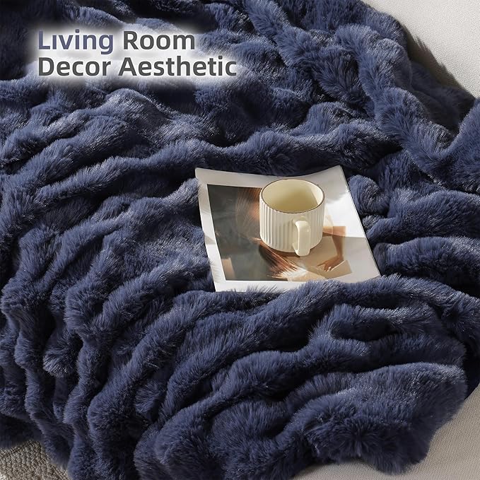 Smoofy Faux Fur Throw Blanket for Couch – Navy Blue Fluffy Cozy Rabbit Fleece, Plush Soft Bubble Blanket for Sofa & Bed, for Mom, Warm Fuzzy Home Room Decor Throw 60" x 80"