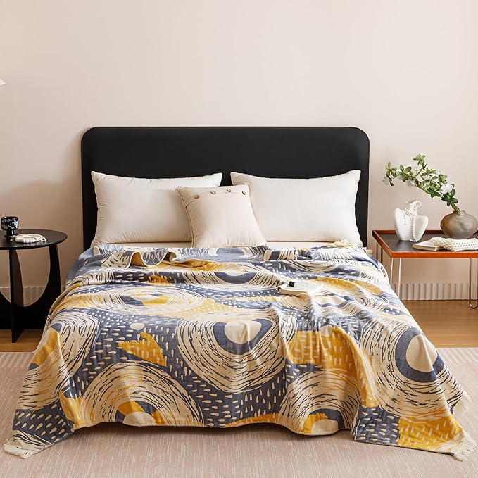 Scientific Sleep Starry Blue Sky Moon Stars 100% Cotton Muslin Blanket Throw Cover for Bed Couch Sofa Cozy Soft Bedding Lightweight Warm Bedspread Quilt Coverlet Full Queen 80 in x 90 in