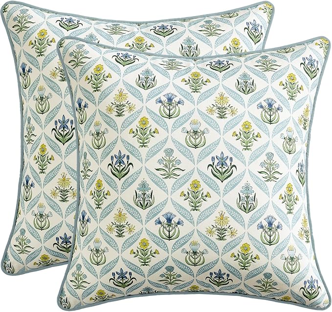 MIULEE Floral Throw Pillow Covers 18x18 Set of 2 Light Blue Spring Decorative Block Print Cotton Cushion Covers for Couch Living Room, Modern Outdoor Sofa Vintage Garden Pillowcases Home Decor