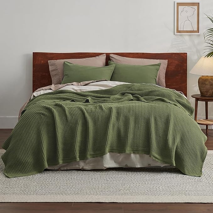 Bedsure Gentlesoft 100% Cotton Blanket King Size for Bed - Breathable and Soft for Spring Summer, Thick Cozy Waffle Weave Blanket Gifts for Women, Olive Green, 104x90 inches