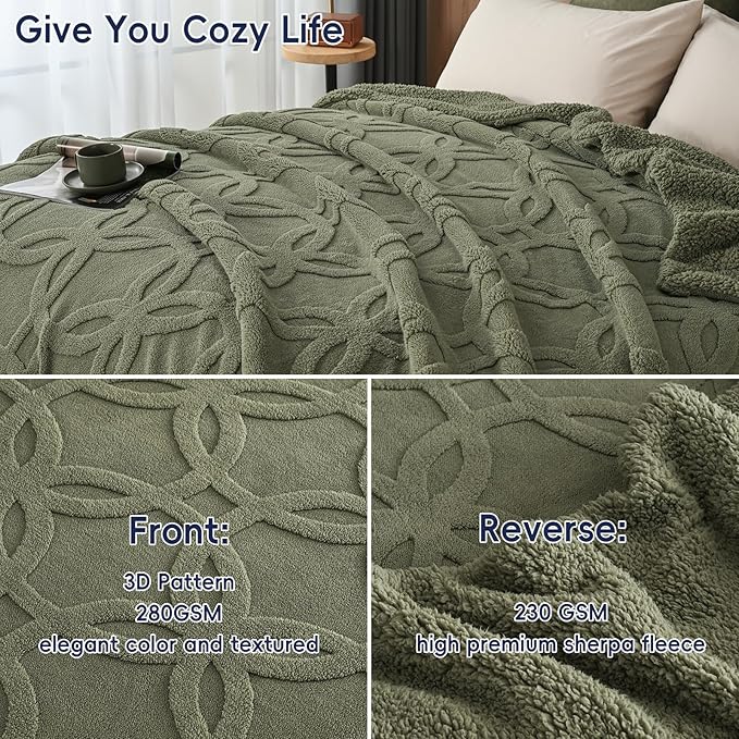 PHF Soft Sherpa Fleece Blanket Queen Size for Bed, 510GSM Fleece Lightweight Yet Warm Blanket, No Shed No Pilling, 90" x 90", Tufted Jacquard Cozy Thick Bed Throw for Home Decor Christmas, Dark Olive