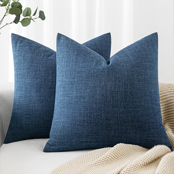 MIULEE 26x26 Inch Euro Linen Burlap Pillow Covers, Set of 2 Large Square Farmhouse Boho Decorative Pillows - Blue Home Decor for King Bed, Sofa, Couch, Bedroom,Livingroom