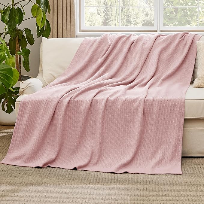 Bedsure GentleSoft 100% Cotton Blanket Twin XL Size for Bed - Breathable and Lightweight, Soft Cozy Textured Herringbone Woven Summer Spring Blanket for College Dorm, Pink, 66x90 inches