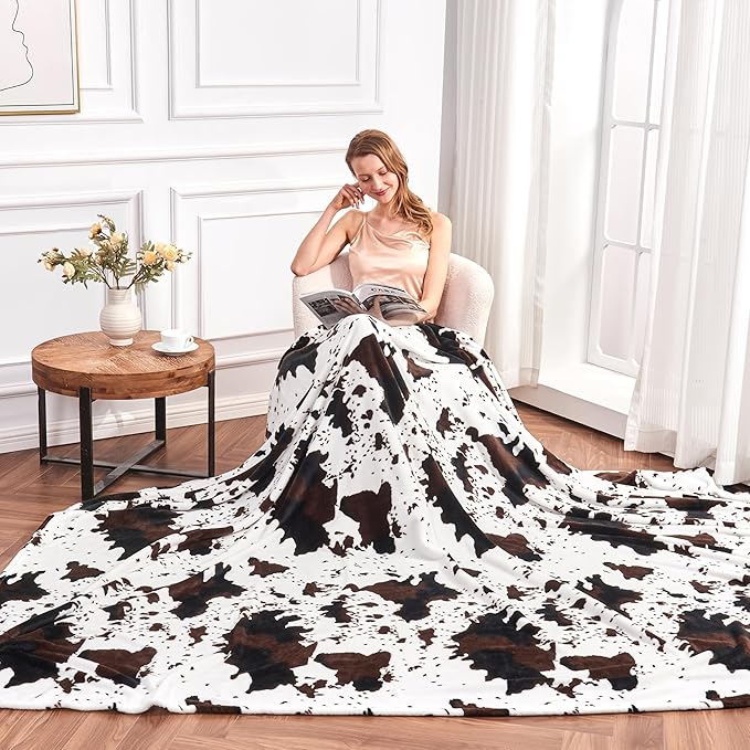 King Size Cow Blanket for Couch Bed, Soft Cozy Fleece Cow Printed Blanket for All Seasons 90"x108" (Dark Brown)