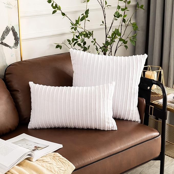 UGASA Pack of 2, Velvet Pillow Covers Striped, Decorative Throw Cushion Case with Hidden Zipper for Home Couch/Bedroom/Car, Soft Cozy Solid Square (20"x20", Pure White)
