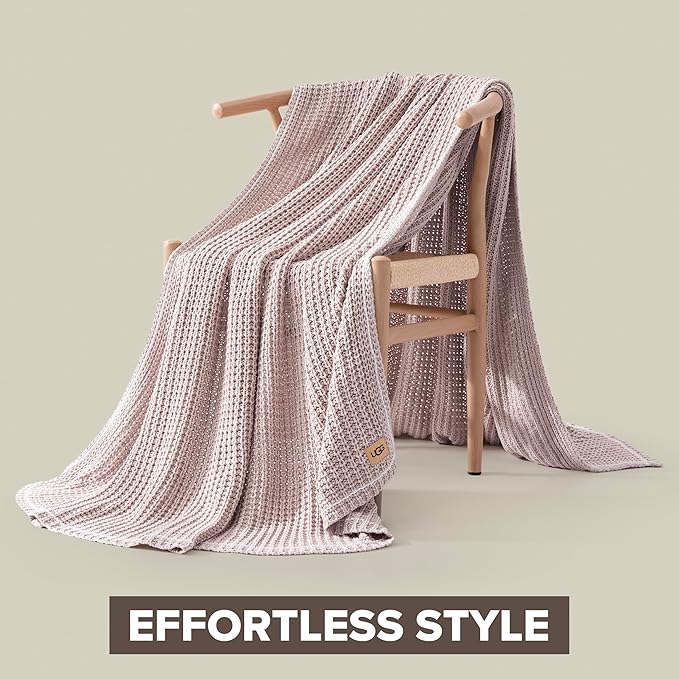 UGG Luna Knit Blanket Throw Cotton Chunky Soft Throw for Couch or Bed Cozy Warm Waffle Giftable Lightweight Blanket for Living Room Bedroom or Dorm Machine Washable, 50-inch x 70-inch, Quartz Pink