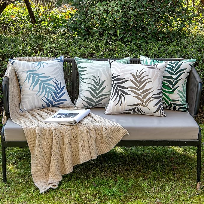 MIULEE Pack of 2 Decorative Outdoor Waterproof Throw Pillow Covers Patio Pillow Cases Natural Leaves Pattern Spring Square Cushion Shams Shell for Garden Balcony Couch 18x18 Inch, Blue