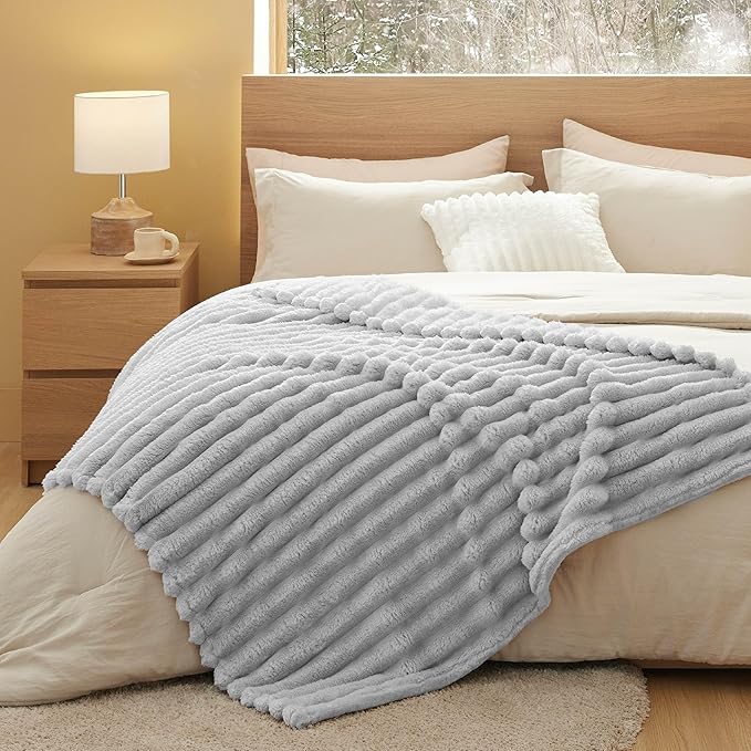 Bedsure Throw Blanket for Couch - 350GSM Super GentleSoft Fuzzy Fluffy Cozy Fleece Blankets for Women, Cute Small Plush Throws for Girls, Light Grey, 50x60 Inches, Wider Striped Design