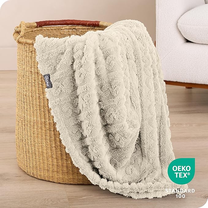 Bare Home Faux Shearling Blanket - Blanket for Bed, Sofa, Couch, Camping, Travel, and Gifts - Warm & Lightweight Throw - Fluffy & Soft (Twin/Twin XL, Cable Oyster)