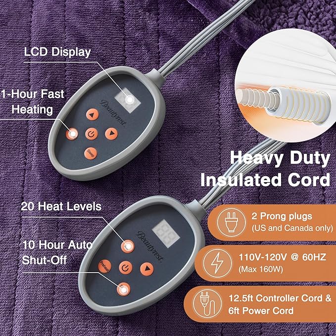Beautyrest Heated Blanket, Electric Blanket, Soft, Warm, Reversible Plush - Sherpa Heating Blanket with 20 Heat Settings, 1-10 hrs Timer Auto Shut Off, Machine Washable, Queen (90 inx84 in), Purple