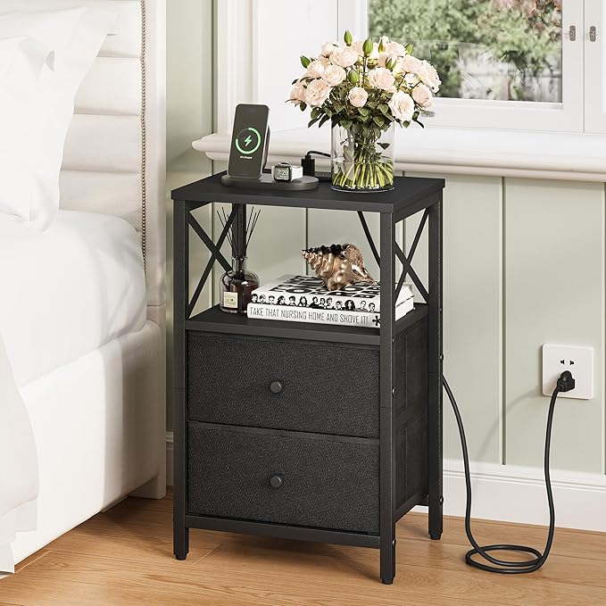 Nightstands Set of 2, Night Stand with Charging Station, Small Bedside Table with Storage Shelf, End Table with USB Ports & Outlets, with Fabric Drawers, for Couch, Bedroom(Black) LET105B-2