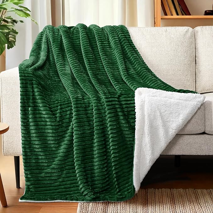 PAVILIA Emerald Green Sherpa Fleece Throw Blanket for Couch, Soft Plush Fuzzy Blankets, Fluffy Flannel Sherpa Blanket for Sofa, Warm 3D Ribbed Winter Blanket Gift, 50x60 inches