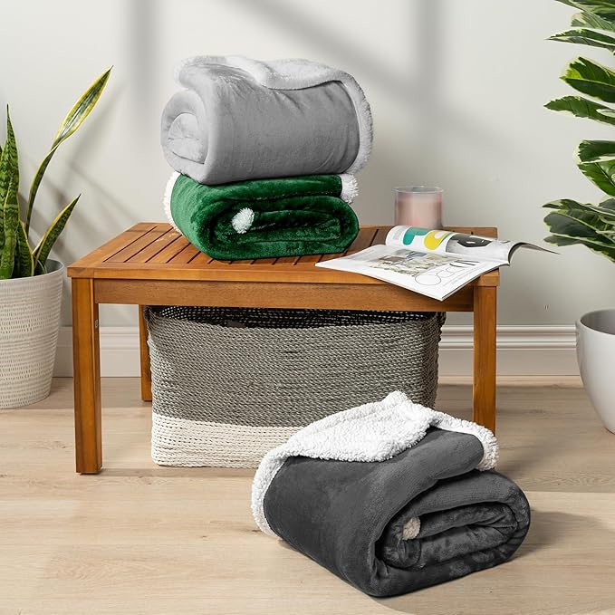 Pavilia Sherpa Fleece Blanket for Bed, Queen Size, Light Grey, Plush Soft Fuzzy, Cozy Reversible Winter Blanket for Women & Men, 90x90 Inches
