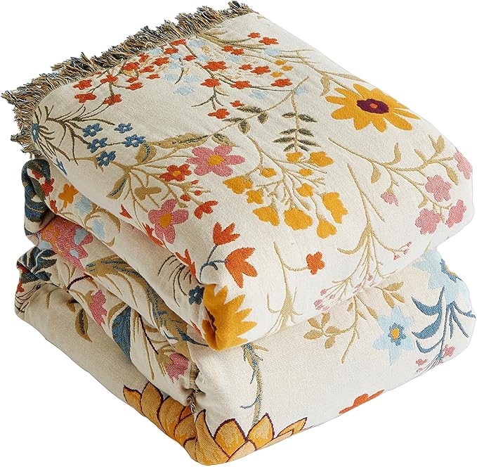 Boho Throw Blanket for Bed 90”x98”, 100% Cotton Woven Blanket for Couch Sofa, Ultra Soft 4-Layer Muslin Quilt with Floral Printed, Farmhouse Bed Blanket/Cover for Living Room Decor
