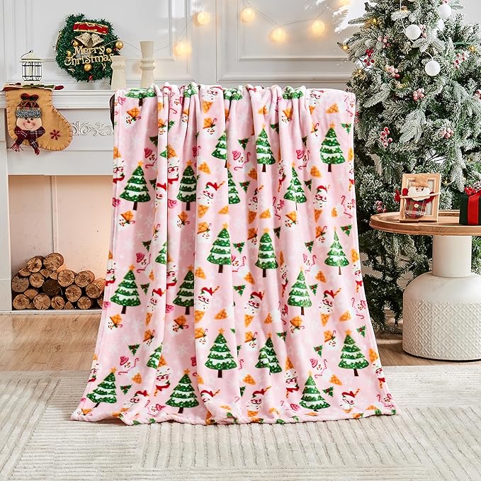 Christmas Blanket Soft Cozy Pink Christmas Throw Blankets with Holiday Themed Print for Couch Bed Home Decor, Fuzzy Warm Winter 50"x60" (Pink)