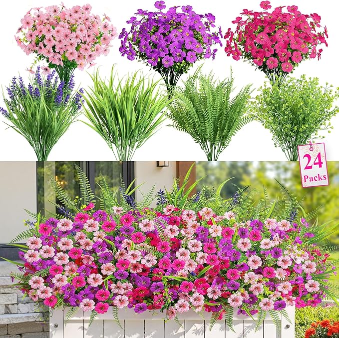 Alupssuc 24 Bundles Artificial Flowers for Outdoors Spring Decoration, UV Resistant Eucalyptus Violet and Lavender Silk Fake Plants for Outside Indoor Yard Home Patio Decor, Rose Purple Pink