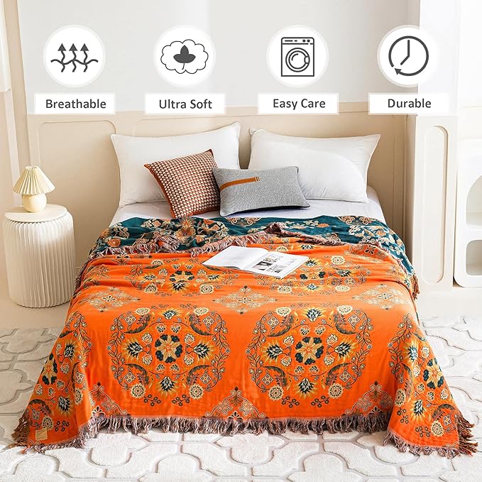 Boho Throw Blanket for Bed 100% Cotton Soft Lightweight Quilt Floral Embroidery Home Decor Spring Breathable Bed Blankets,60"x80" Twin All Season Reversible Blankets for Sofa Couch Chair