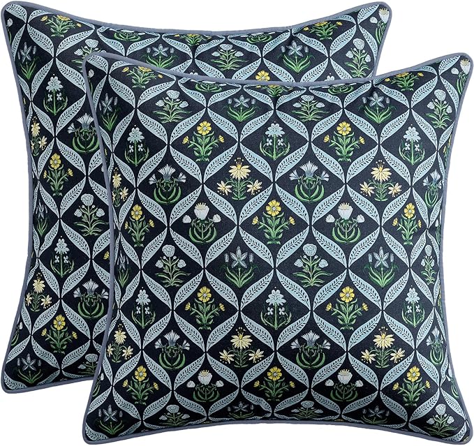 MIULEE Floral Throw Pillow Covers 18x18 Set of 2 Dark Blue Spring Decorative Block Print Cotton Cushion Covers for Couch Living Room, Boho Modern Outdoor Sofa Vintage Garden Pillowcases Home Decor