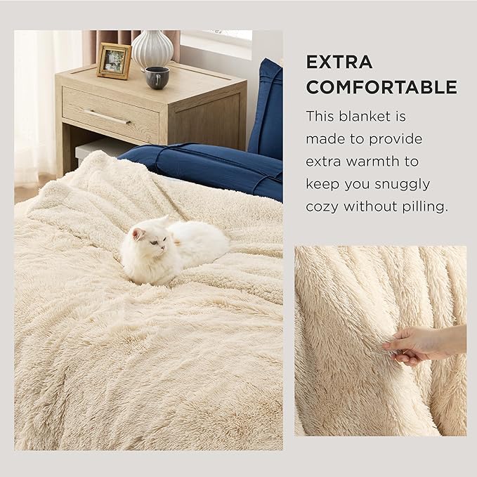 Bedsure GentleSoft Fluffy Beige Blankets Queen Size for Bed, Thick Sherpa Faux Fur Fleece Fuzzy Plush Winter Warm Heavy Soft Queen Blankets, Bedroom Decor Beige Gifts Cozy Gifts for Women Men, 90x90