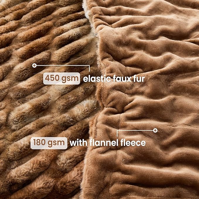 Softan Extra Soft Faux Fur Blanket, Warm Striped Faux Fur Throw Blanket with Flannel Fleece Reverse for Couch Sofa Bed Living Room, Brown- 50"x 60"