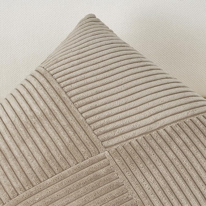 Topfinel 12x12 Inch Small Throw Pillow Covers Pack of 2 for Living Room Couch Bed Soft Corduroy Windmill Textured Boho Striped Patchwork Pillow Covers House Decor,Lightbrown