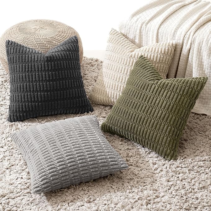 MIULEE Pack of 4 Neutral Mid Century Grey and Olive Corduroy Decorative Throw Pillow Covers 18x18 Inch Modern Soft Striped Pillow Covers Home Decor for Sofa Living Room Couch Bed