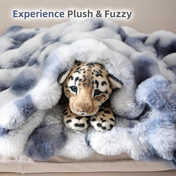 Smoofy Faux Fur Throw Blanket for Couch Rabbit Fleece - Tie-dye Blue Fluffy Blanket for Sofa Bedroom Living Room, Cozy Soft Plush Luxury Thick Winter Fuzzy Comfy Bubble Blanket - 60" x 80"