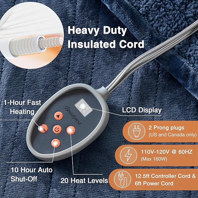 Beautyrest Heated Blanket, Electric Blanket, Soft, Warm, Reversible Plush - Sherpa Heating Blanket with 20 Heat Settings, 1-10 hrs Timer Auto Shut Off, Machine Washable, Twin (84 inx62 in), Indigo