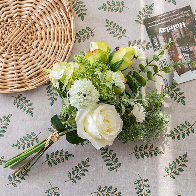 Small Faux Flower Bouquet in White Ceramic Vase (15.75" Tall) - Green & White Artificial Floral Arrangement for Coffee Table Centerpiece, Bathroom & Office Desk Decor