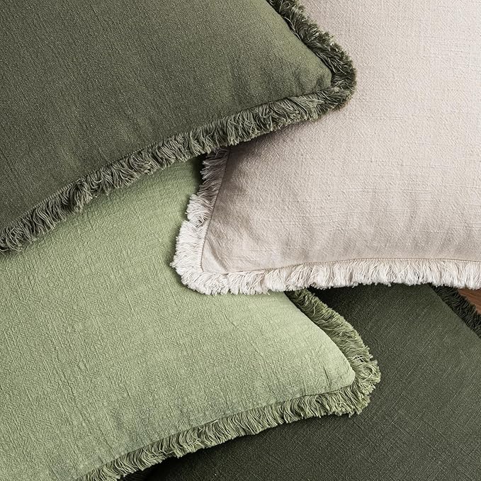 MIULEE Decorative Couch Pillow Covers Neutral Linen Fringe Throw Pillows Set of 4 Boho Farmhouse Soft Accent Cushions for Bed Sofa Living Room Spring Home Decor 24x24 Inch Beige/Sage Green