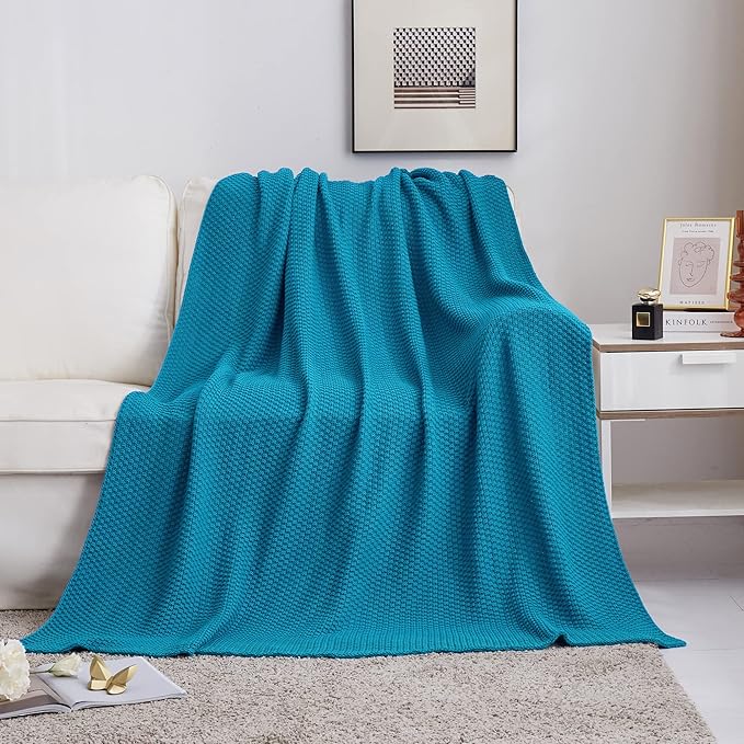 Longhui bedding Teal Knitted Throw Blanket for Couch, Soft, Cozy Machine Washable 100% Cotton Sofa Knit Blankets, Heavy 3.0lb Weight, 51 x 63 Inches, Teal Color.