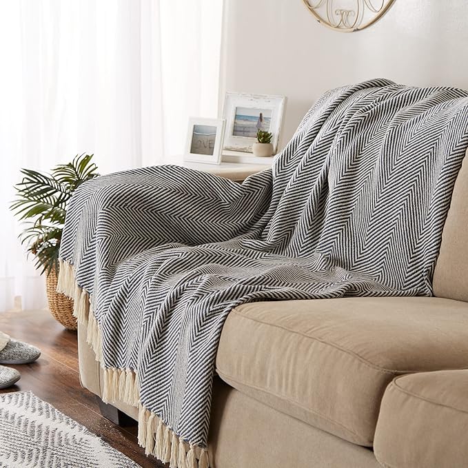 DII Rustic Farmhouse Cotton Chevron Blanket Throw with Fringe for Chair, Couch, Picnic, Camping, Beach, & Everyday Use, 50 x 60 - Urban Chevron French Blue