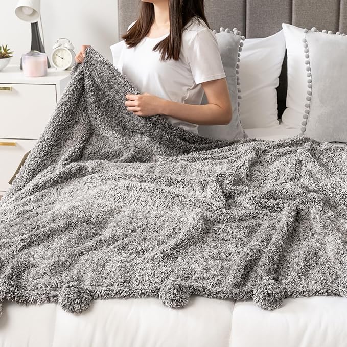 PAVILIA Grey Sherpa Throw Blanket for Couch, Warm Plush Pom Blanket Throw, Gray Fuzzy Sofa Throw, Lightweight Soft Cozy Fluffy Blanket with Pom Poms, Heather Grey, 50x60