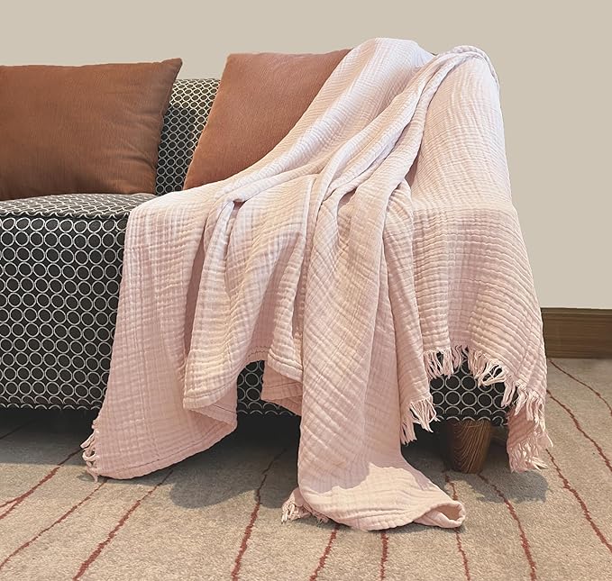 KyraHome 100% Organic Cotton Muslin Throw Blanket for Couch, Girls, Adults, Kids, 50"x60", Plant Dyed, Breathable Lightweight Soft Gauze Blanket, All Season (Soft Pink)