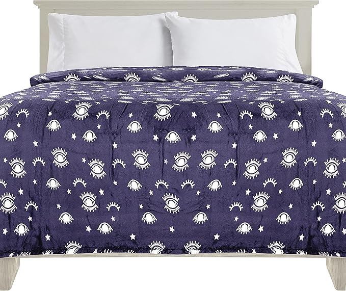 Elegant Comfort Ultra Soft Print Flannel Fleece Bed Blanket, Cozy-Fuzzy Lightweight Bedspread Coverlet, All Season Decorative Blanket for Couch, Sofa, Queen Size, Evil Eye