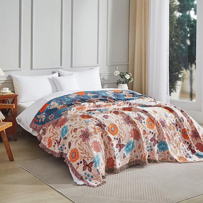 Boho Throw Blanket for Bed 90”x98”, 100% Cotton Woven Blanket for Couch Sofa, Ultra Soft 4-Layer Muslin Quilt with Floral Printed, Farmhouse Bed Blanket/Cover for Living Room Decor