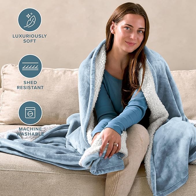 Bare Home Sherpa Fleece Blanket - Full/Queen Size - Blanket for Bed, Sofa, and Couch - Warm & Lightweight - Fluffy & Soft - Reversible (Full/Queen, Light Blue)