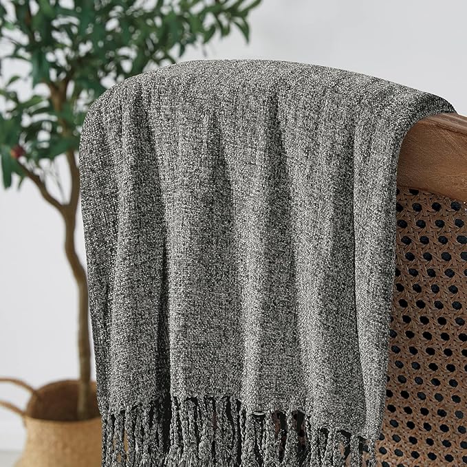 BOURINA Chenille Fluffy Throw Blanket with Decorative Fringe for Couch Cover Sofa Chair Blanket（50×60 Inches） Dark Grey