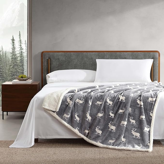 Eddie Bauer - Throw Blanket, Brushed Fleece & Plush Sherpa Bedding, Blanket for Couch & Bed (Elk Stance Grey, 50" x 60")