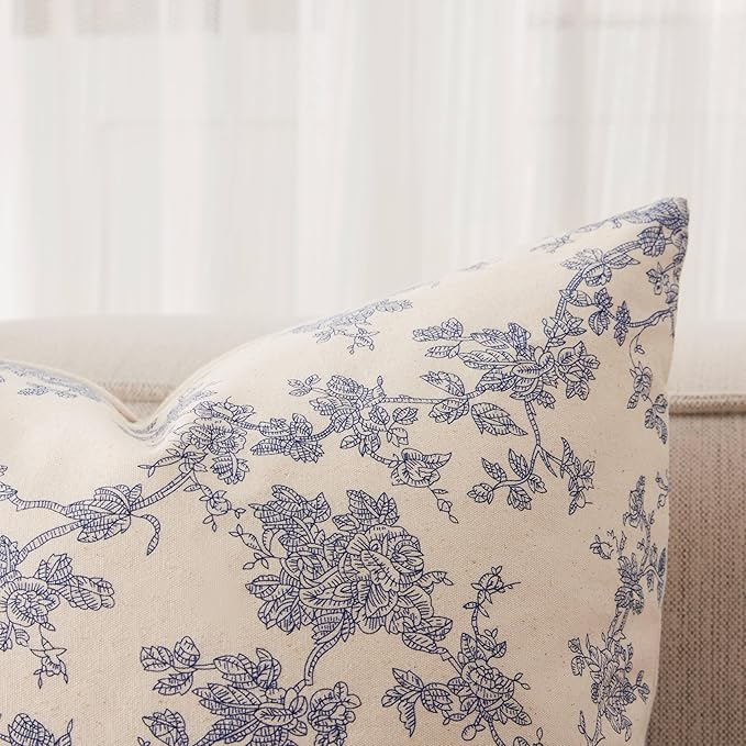 100% Cotton French Pastoral Throw Pillow Covers Set of 2, 18x18 Inch Blue Farmhouse Decorative Cushion Covers for Sofa Bed Living Room Home Decor