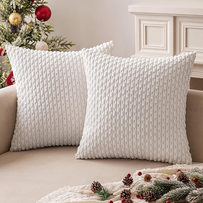 MIULEE Christmas Throw Pillow Covers Soft Corduroy Decorative Set of 2 Boho Striped Pillow Covers Pillowcases Farmhouse Home Decor for Couch Bed Sofa Living Room 16x16 Inch Pure White