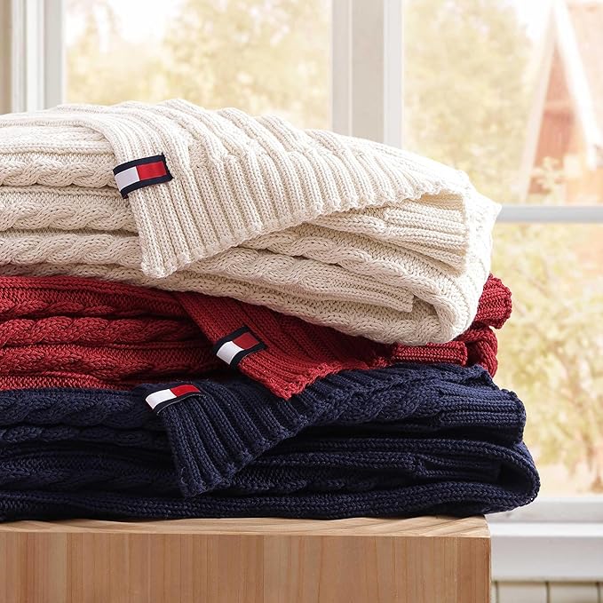 Tommy Hilfiger - Blanket, Ultra-Soft Cable Knit Throw Blanket for Bed or Couch, Lightweight Bedding with a Soft Textured Feel & Iconic Flag Logo (Off-White, 50" x 70")