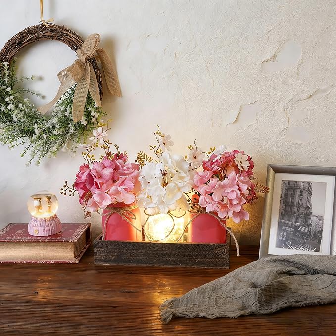 Donmills Mason Jar Lights Centerpiece Table Decor for Dining Room – Farmhouse Wood Tray with 3 Jars, Pink and White Flowers, Valentines Day & Wedding Decoration for Coffee Table, Kitchen, Living Room