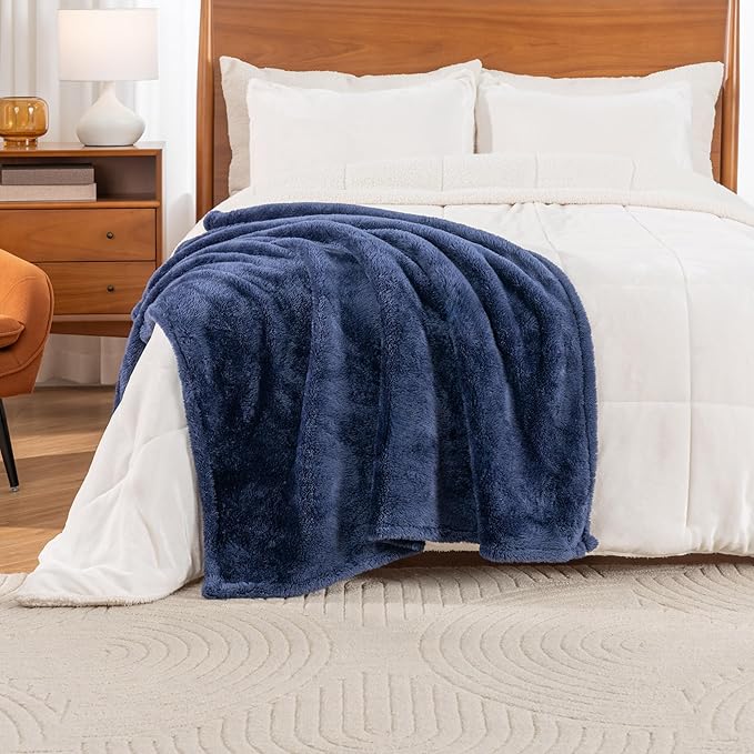 Berkshire Blanket Classic Extra-Fluffy™ Plush Throw Blanket, Soft Fuzzy Fluffy Long Hair Throw Blanket for Couch Sofa Bed, Atlantis Dark Blue, 50x60 Inches