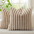 decorUhome Cozy Faux Fur Throw Pillow Covers 12x12 Set of 2 Decorative Soft Plush Striped Modern Farmhouse Boho Couch Pillow Cases with Velvet Back for Sofa Bed Living Room, Khaki Brown