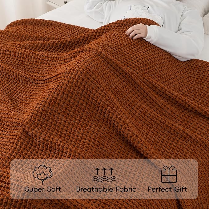 Bunnikins & Clover Knitted Waffle Blanket Throw, Fall Throw Blanket for Home Decoration, Caramel Throw Blanket for Couch, 50"x60"